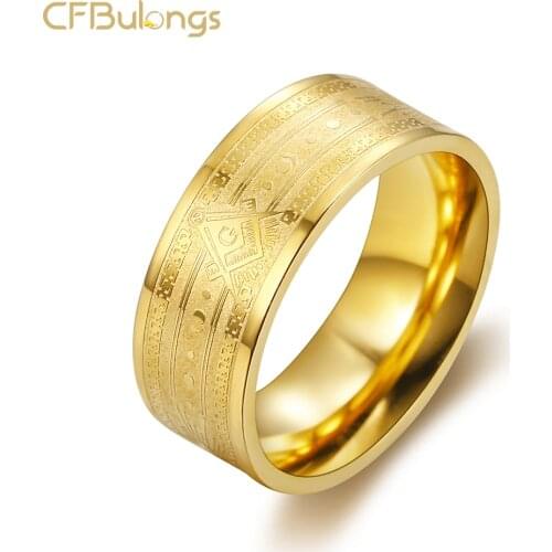 CFBulongs 8MM Golden Stainless Steel Masonic Eye Of Gods Stamp Mens Ring Fashion Party Gift Punk Jewelry