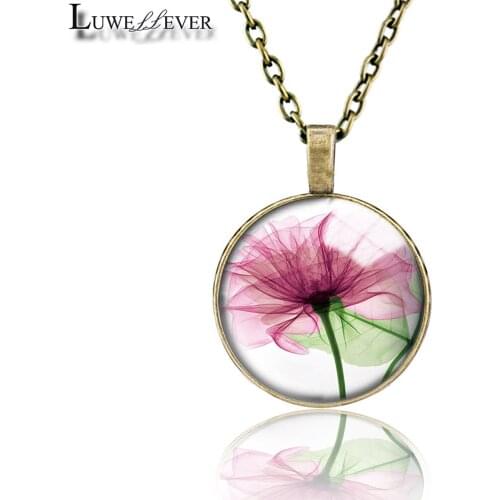Flower Necklace 733 25mm Bronze 30mm Wood Rhinestone Double-sided Moon Round Glass Pendant For Women Gift
