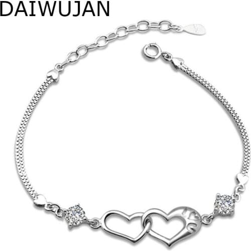 DAIWUJAN New Trendy Box Chain Hollow Heart Charm Bracelet For Women CZ Crystal Female I Love You Bracelet 925 Silver Jewelry