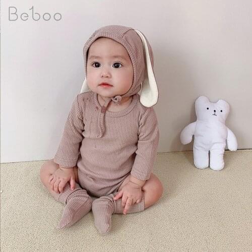 Ins Baby Climbing Bodysuit For Girls Long Sleeve Boys Climbing Jumpsuit With Rabbit Ear 3pcs Summer Kids Clothing 0-24m Infants