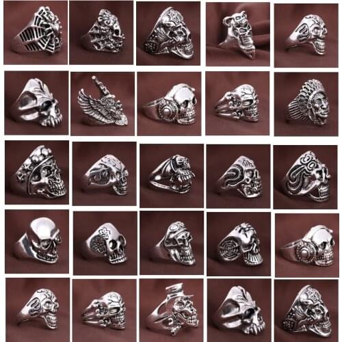 20pcs Skull Ring Punk Vintage skeleton metal zinc alloy silver color mens womens mixed rings Jewelry wholesale lots party gifts