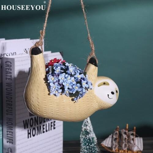 Sloths Flowerpots Planters Yellow Wall Hanging Ceramic Vase for Garden Decoration Countyard Flower Pot