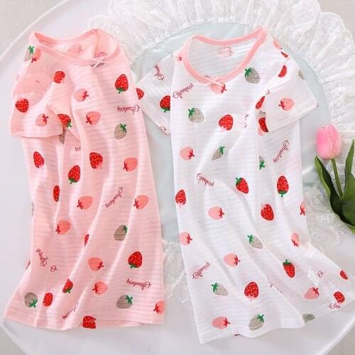 Girls Summer Nightdress Thin Cotton Children Pajamas Baby Short Sleeve Housewear Strawberry Soft Sleeping Dress