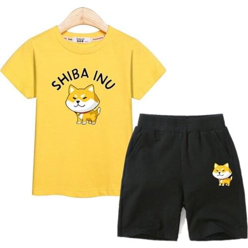 Cute Shiba Inu summer outfits kids t-shirt +shorts 2pc suits boys sister clothing fashion sets 100% cotton kid costume