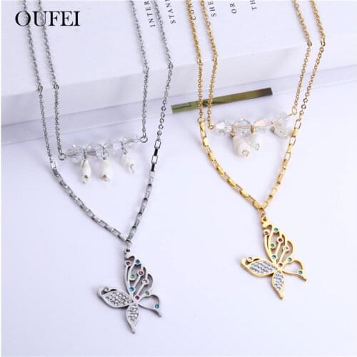 OUFEI Shell Butterfly Multi Layer Necklace Earrings Set Stainless Steel Jewelry Woman Set Of Earrings For Women Fashion Jewelry