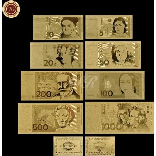 Germany Gold Banknote Set Pure Gold Plated 5.10.20.50.100.200.500 1000 German Mark Paper Money UNC Bill Gift