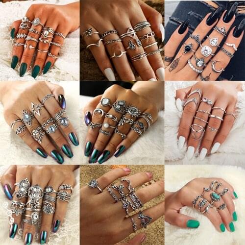 30Style Set Bohemian Womens Antique Silver Color Crystal Elephant Flower Drop Heart Shaped Rhinestone Ring Fashion Jewelry