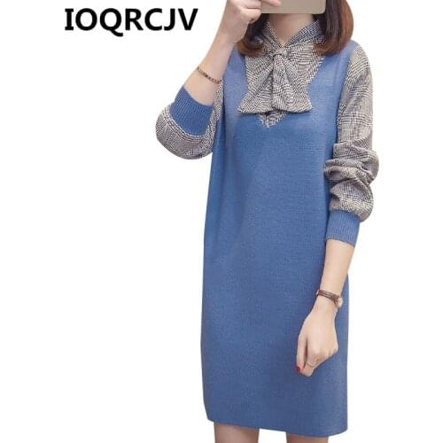 Autumn Winter Sweater Dress Women Long Sleeve Casual Plaid Mini Dress Loose Pullover Female Knitted Dress Vestidos Feminino R545