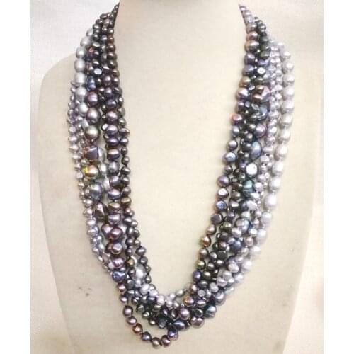 Women Jewelry 7 strands necklace gray black brown pearl baroque handmade Real cultured freshwater pearl gift 43cm