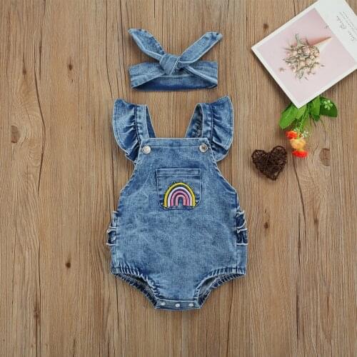 Princess Toddler Baby Girl Outfit Bodysuits Infant Summer Creative Rainbow Embroidery Fly Sleeve Denim Jumpsuit+Headwear Clothes