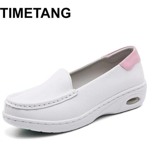 TIMETANGWomen White Nurse Casual Shoes Leather Leisure With Fur Warm Female Loafers Slip On Soft Light Platform Hospital Working