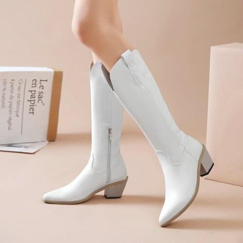 Ladies Rider Boots PU Lining Fashion Square High Heel Round Toe Knee High Boots Loose Zipper Four Seasons Large Size Shoes 34-46