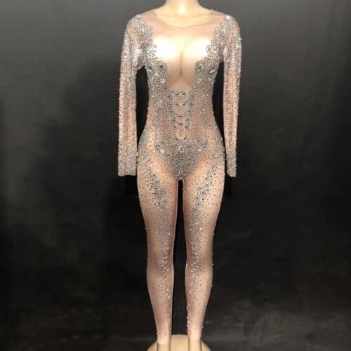 Stage Sparkly Silver Crystals Jumpsuits Sexy Big Rhinestones Nude Bodysuit Women Birthday Luxurious Outfit Evening Wear DNV12881