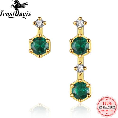 Trustdavis Genuine 925 Sterling Silver Sweet Asymmetric Green CZStud Earrings For Women Wedding Jewelry Gift DS2173