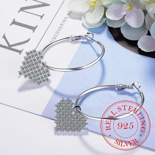 925 Sterling Silver Big Loops Huggie Hoops Earrings For Women Crystal Love Heart Hoop Earrings Fit for Kids Girls Aros Aretes