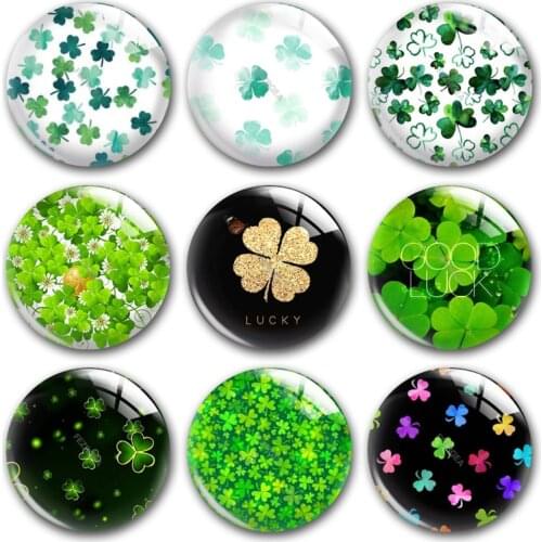 Handmade St. Patricks Day Four Leaf Clover Round Photo Glass Cabochons Demo Flat Back DIY Jewelry Making Findings Accessory