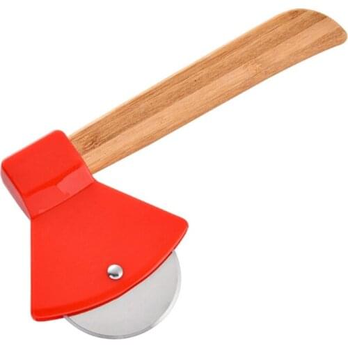 G32A Axe Pizza Knife Funny Cool With Bamboo Handles and Sharp Rotating Blades Household Kitchen Cutting Tool with Wheel