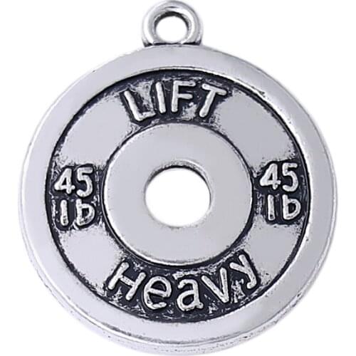 Indicates strength can lift 45lb double-sided metal dumbbell pendant