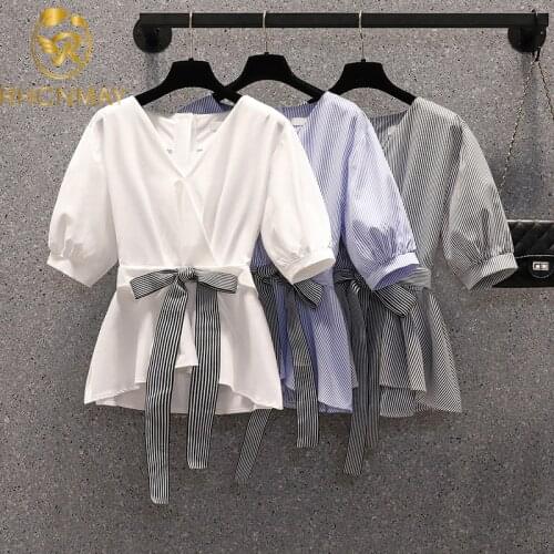 2021 New Summer Women Fashion Stripe Shirt Lace up V-Neck Short sleeve Shirt Womens Tops and Blouses Loose Elegant Shirts