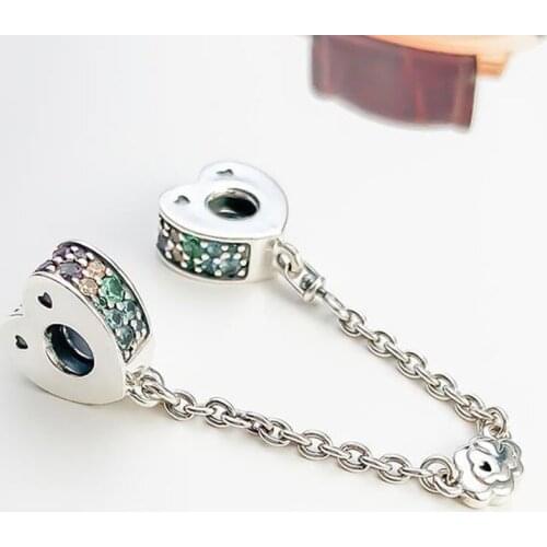 100% 925 Sterling Silver Charm Fashionable And Colorful Heart-shaped Arc Safety Chain Fit Pandora Bracelet Diy Jewelry