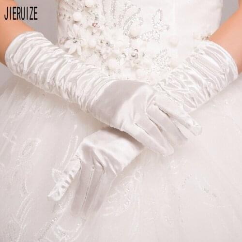 JIERUIZE Long Satin Bridal Gloves Black Red Full Finger Wedding Gloves For Women Evening Party