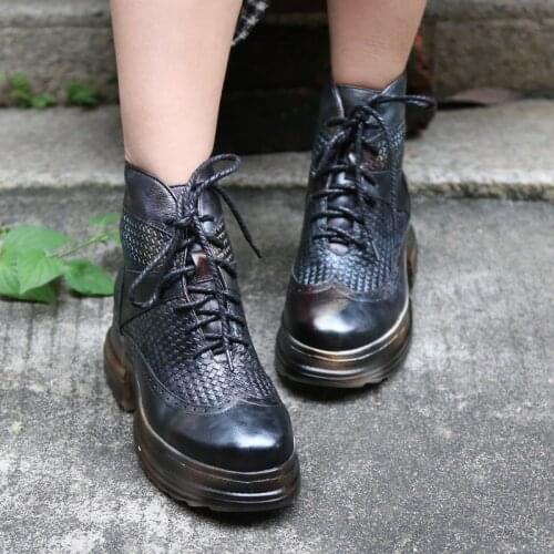 Original Retro Genuine Leather Women Boots Handmade Casual Platform Thick Bottom Lace-up Cross-tied Ankle Boots Sport Shoes
