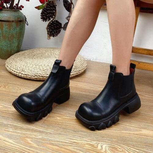 Lady Round Toe Genuine Leather Shoes Retro Women Boots 2021 New Autumn Winter Concise Sewing Handmade Comfortable Platform Boots