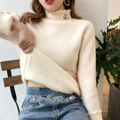 Womens Wool Liner Sweaters Autumn Winter Thick Solid Slim Ladies Jumper Korean Style Casual Knitted Tops for Female Pullover
