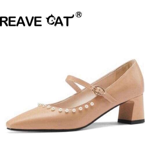 REAVE CAT New 2021 Ladies Pumps Square Toe Mary Jane Pearl 6 cm Block Thick Heels Elegant Buckle Strap Comfortable A4081