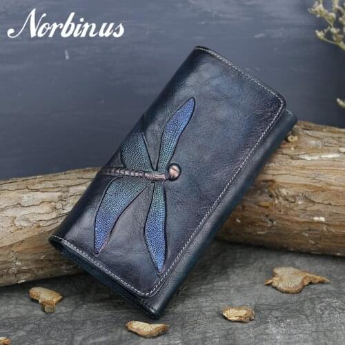 Norbinus Genuine Leather Women Wallet Female Luxury Long Clutch Bag Dragonfly Pattern Credit Card Holder Woman Money Coin Purse