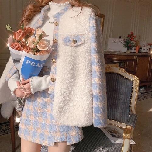 Preppy Style WomenS Tweed Winter 2pcs Set Korean Lambswool Jacket +Woolen Plaid Irregular Short Skirt 2021 Female Suit Fashion