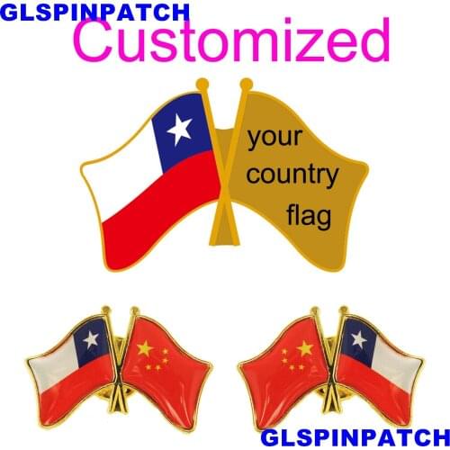 Chile Crossed Friendship Flag Double Country lapel pin Brooch USA UK France Chile Russia Saudi Arabia Japan Spain Badge