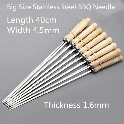 40cm Stainless Steel BBQ Skewer Wooden Handle BBQ Needle Reusable Barbecue Meat String Grill Fork Outdoor Cooking Tooll