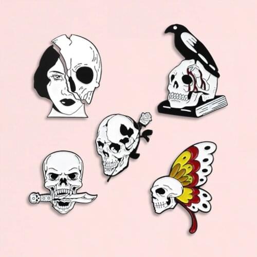 Skeleton Enamel Pins Girl Face Butterfly Rose knife Bird Skull Badge Brooch Denim Shirt Backpack Punk Jewelry Gift For Friends
