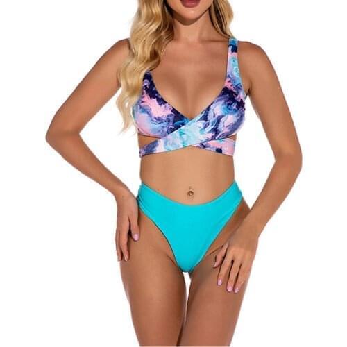 Sexy Bikini Set Cross Tie Dyed Split Slevesless V Neck Bra High Waist Swimwear For Women Fashion Printed Summer Swimsuit Biquini