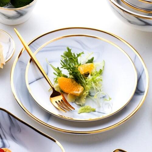 Creative 8 Inch 10 Inch Round Gold Rim Marble Dinner Plate Japanese Tableware Display Plate Household Ceramic Dishes and Dishes