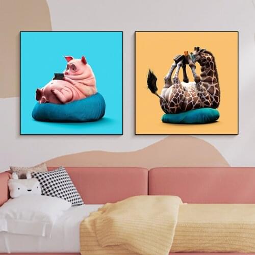 Cartoon Abstract Animal Canvas Painting Pig Giraffe Posters and Prints Wall Pictures Modern Child Bedroom Room Home Decoration