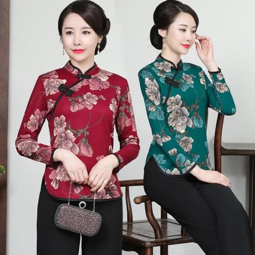 2020 new spring fall Tops Women Long Sleeves T-Shirts Plus Size Middle Age Mother Vintage print Pulloves Bottoming Shirt