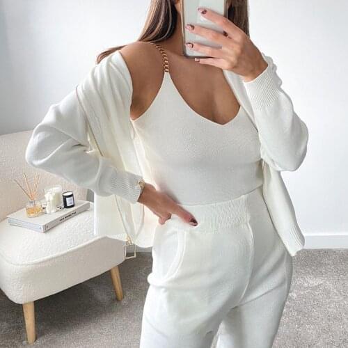 Autumn Women Zipper Solid Coat+ Pants Sets + Sling Female Fashion Elastic Waist Trousers Three Piece Suit For Ladies tracksuit