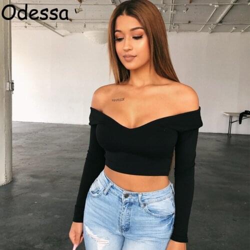Odessa Autumn Sexy Long Sleeve Tops 2021 Women Off Shoulder Deep V Neck Party Cropped T Shirts Fashion Ladies Crop Top Black Tee