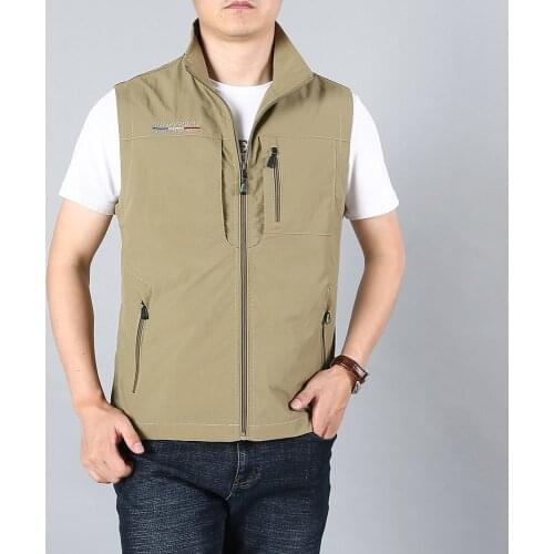 Mens Waistcoat Sleeveless Jackets Vest 2021 Summer New Solid Color Stand Collar Climbing Hiking Work with Pocket