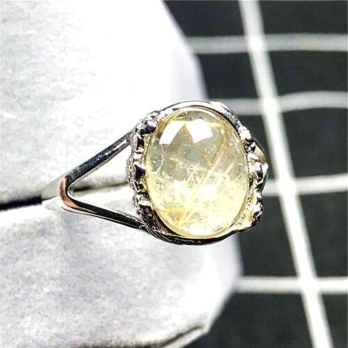12mm Top Natural Gold Rutilated Quartz Ring For Woman Lady Man Crystal Round Beads Silver Gemstone Adjustable Ring Jewelry AAAAA