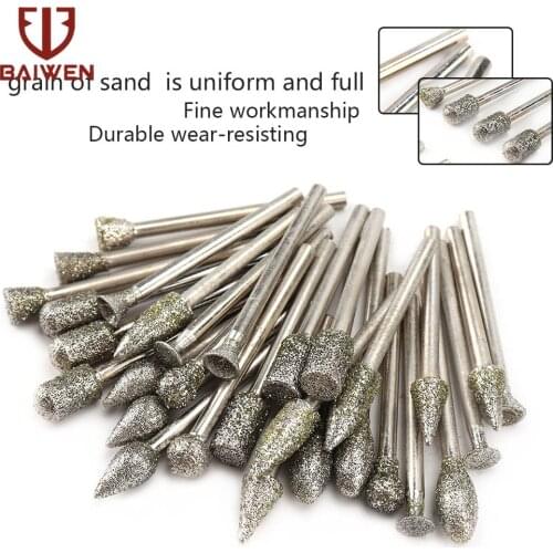 30pcs/set Grit 60 Diamond Cutting Grinding Head Set 3MM Shank Jade Stone Carving Polishing for Dremel Rotary Tools