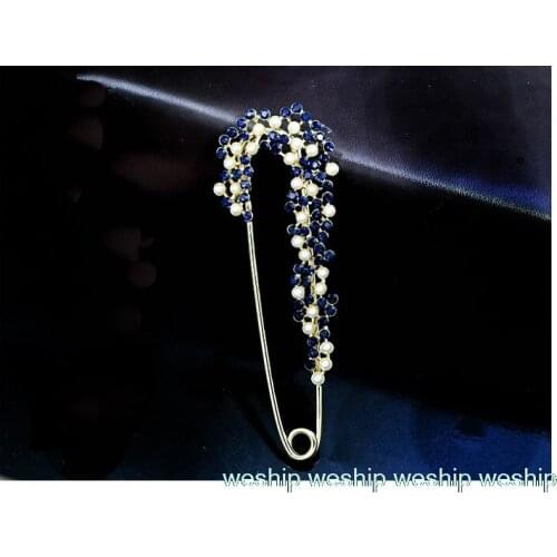 Length 8.5cm fashion Rhinestone pearl blue safety pin for coat shawl Brooch Broche Producto Clothings Accessories gift