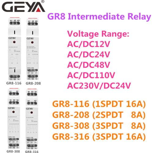 GEYA Intermediate Switch AC/DC12V 24V 48V 110V AC230V Auxiliary Relay 8A 16A 1SPDT 2SPDT 3SPDT Electronic Relay Switch