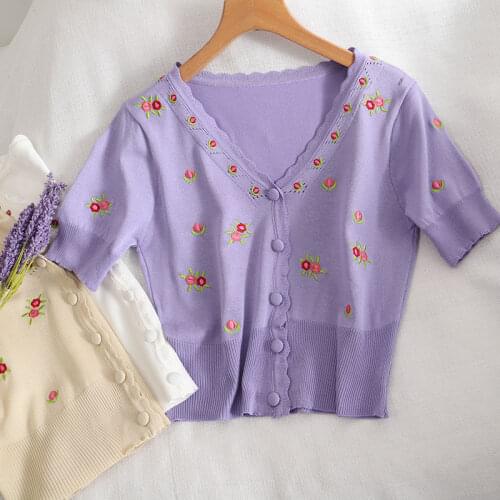 Heliar Women Knit Crop Cardigan White Color Floral Embroidery T-Shirts V Neck Button Front Top Women Crop Tops Summer Tees