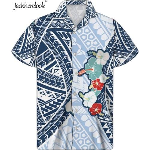 Jackherelook Brand Design Cuban Guayabera Men Tops Polynesian Tattoo Hibiscus Plumeria Print Male Short Sleeves Shirts Plus Size