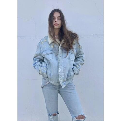 Autumn Winter New 11.17 Fashion Thicken Lamb Fur Coat Hand-painted Graffiti Washed Denim Jacket Outerwear Women