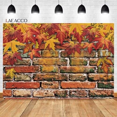 Laeacco Autumn Grunge Brick Wall Background Golden Maple Leaf For Child Thanksgiving Portrait Customized Photography Backdrops