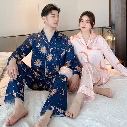 FZSLCYIYI Summer Couple Sun Star Moon Printed Pajamas Lovers Men Women Long Sleeve Pants Sleepwear Satin Homewear Nightwear